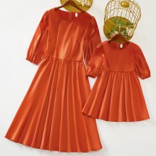 Sweet Orange Satin Round Neck Mom Girl Matching Dress