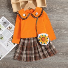 【18M-7Y】Girls Sweet Lapel Embroidered Top And Plaid Skirt Set With Bag
