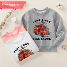 【12M-9Y】Boy Letter And Fire Truck Print Cotton Stain Resistant Long Sleeve Sweatshirt