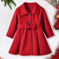 【18M-6Y】Girls Elegant Bow Belt Red Tweed Coat