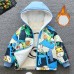 【18M-8Y】Boy Casual Velvet Keep Warm Cartoon Giraffe Dinosaur Print Colorblock Hooded Jacket