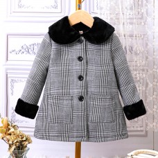 【18M-6Y】Girl Casual Tweed Keep Warm Plush Lapel Plaid Coat