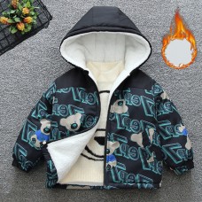 【18M-8Y】Boy Casual Velvet Keep Warm Letter Bear Print Colorblock Hooded Jacket