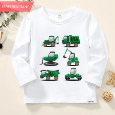 【12M-9Y】Boy Excavator Bulldozer Print Cotton Stain Resistant Long Sleeve T-shirt
