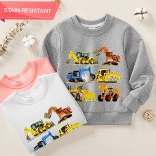【12M-9Y】Boy Cotton Stain Resistant Excavator Bulldozers Print Long Sleeve Sweatshirt