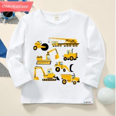 【12M-9Y】Boy Excavator Bulldozer Print Cotton Stain Resistant Long Sleeve T-shirt