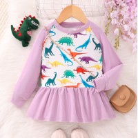 【2Y-7Y】Girl Cute Colorful Dinosaur Butterfly Print Colorblock Sleeve Ruffle Dress