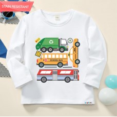 【12M-9Y】Boy Trash Trucks Print Cotton Stain Resistant Long Sleeve T-shirt