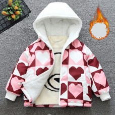 【18M-8Y】Girl Casual Velvet Keep Warm Heart-shaped Plaid Star Print Colorblock Hooded Jacket