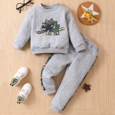 【18M-6Y】2-piece Boys Thick Camouflage Dinosaur Embroidered Long Sleeve Sweatshirt And Pants Set