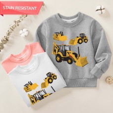 【12M-9Y】Boys Cotton Stain Resistant Excavator And Tractor Print Long Sleeve Sweatshirt