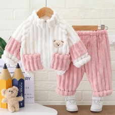 【9M-4Y】2-piece Unisex Kids Thick Flannel Bear Embroidered Pajama Set