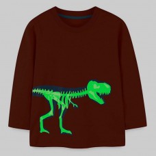 【18M-7Y】Boys Orange Luminous Dinosaur Print Round Neck Long Sleeve T-shirt