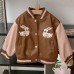 【18M-8Y】Girls Brown Bunny Embroidered PU Leather Jacket