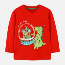【18M-7Y】Boy Red Christmas Dinosaur Print Round Neck Long Sleeve T-shirt