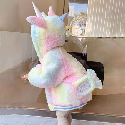 【18M-8Y】2-piece Girls Thick Fleece Gradient Unicorn Hooded Jacket With Bag