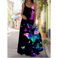 Fashionable women's black butterfly printed long dress with long sleeves HF2313-02-03